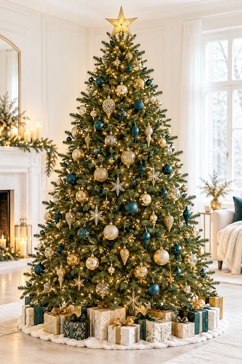 A Christmas tree with warm lights and gold and teal ornaments. A festive print surprise from I&S Accounting.