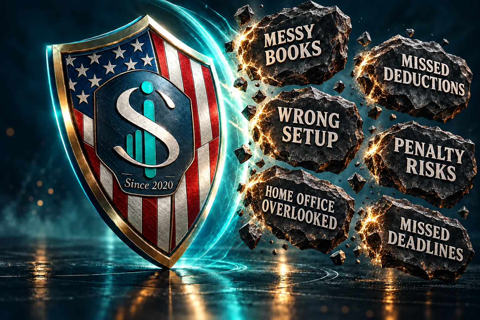 The I&S shield with stars and stripes, deflecting tax, cash-flow and compliance risks